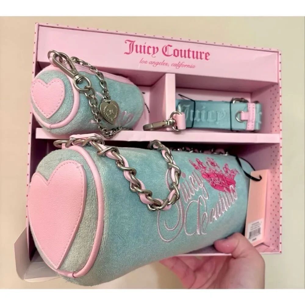Juicy Couture pink/green heritage y2k barrel crossbody micro pouch bag charm set